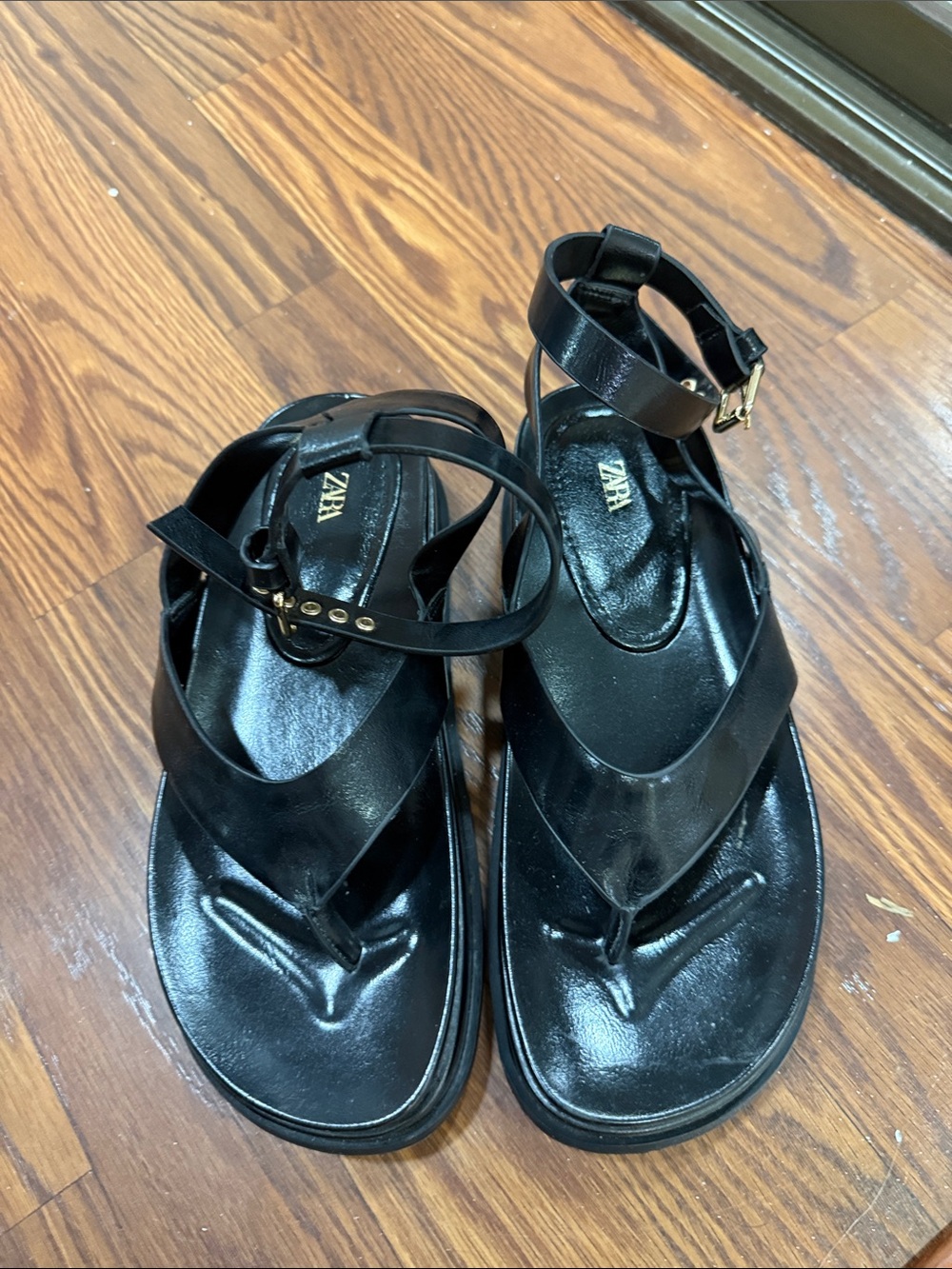 Zara Patent Black Ankle-Strap Thong Sandals